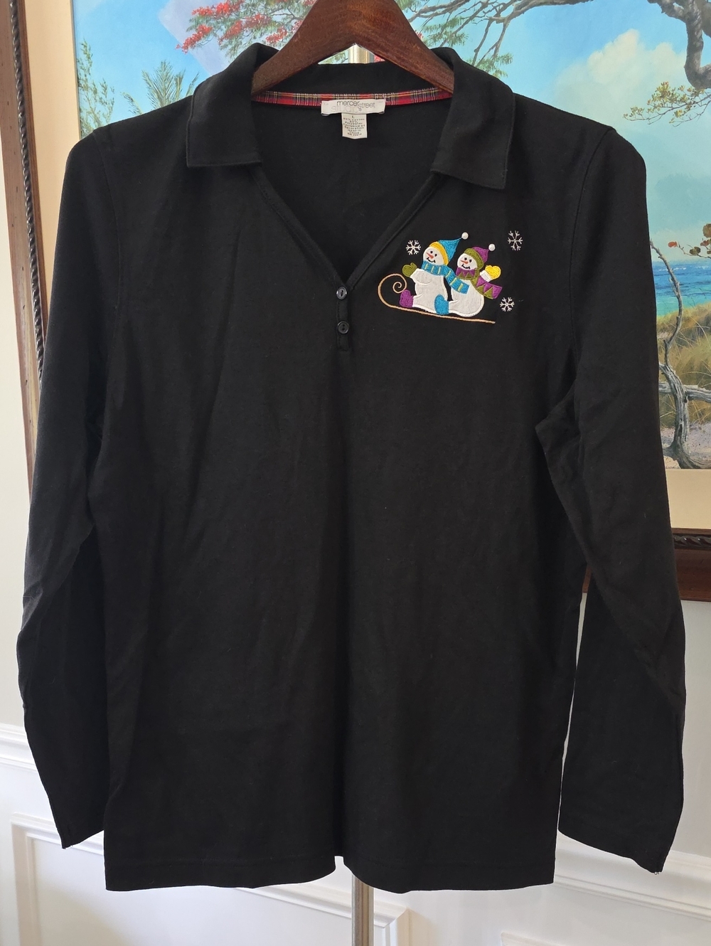 Mercer Street Studio Black Long-Sleeve Polo with Colorful Snowman Embroidery